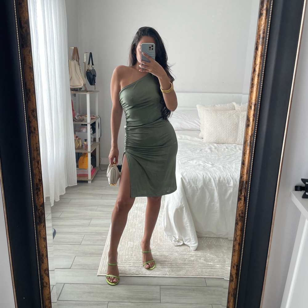 Sevens Sins Olive Green One-Shoulder Dress